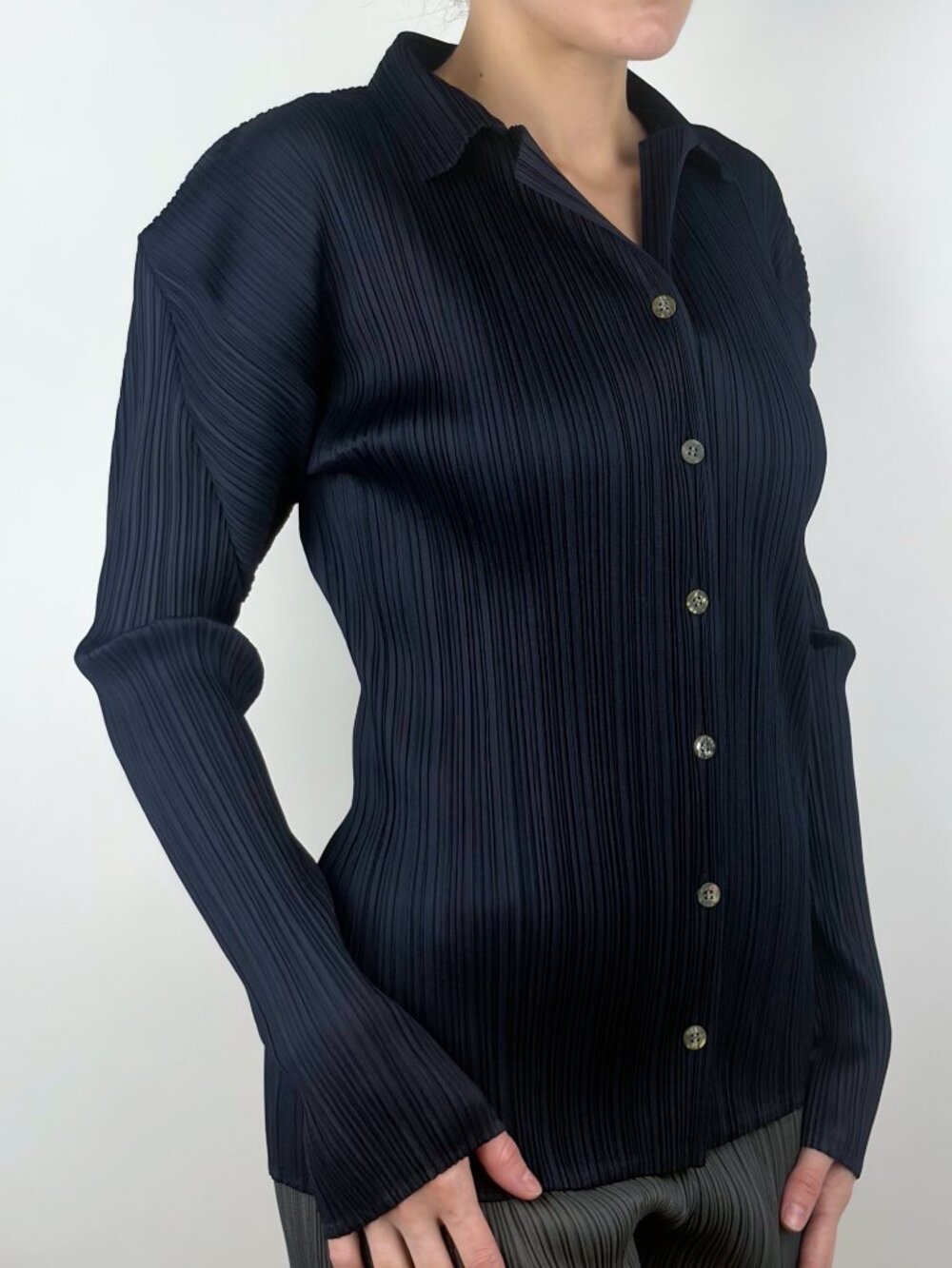 Issey Miyake Pleats Please 2000s Navy Pleated Button-Up Shirt